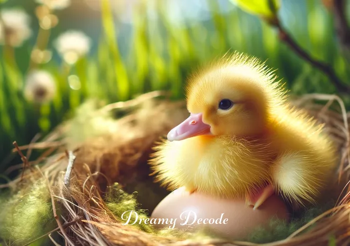 baby duck dream meaning _ A baby duckling, fluffy and yellow, is seen hatching from an egg in a serene nest surrounded by soft grass and dappled sunlight.