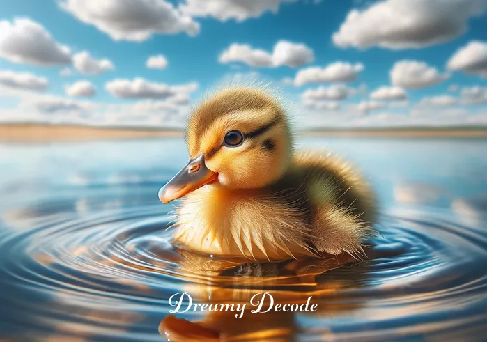 baby duck dream meaning _ The same duckling now, slightly bigger, is learning to swim in a calm pond, with ripples spreading around it as it paddles gently, reflecting a clear blue sky.