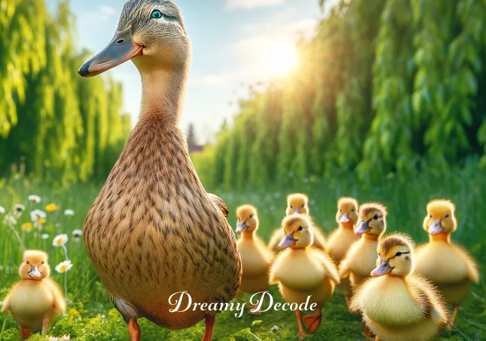baby duck dream meaning _ The duckling, now confident, is seen following a line of other ducklings, led by a mother duck, walking in a row through a lush green meadow under a sunny sky.