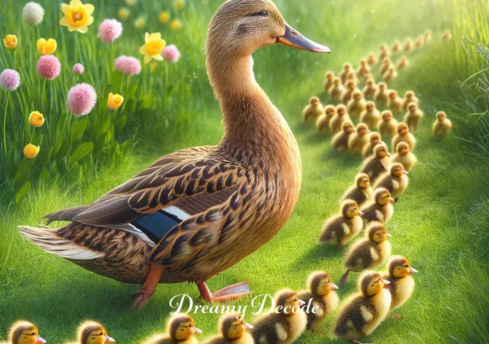 baby duck dream meaning _ The duckling, fully grown, is now leading its own line of tiny, fluffy ducklings through the same meadow, completing the cycle of growth and nurturing.