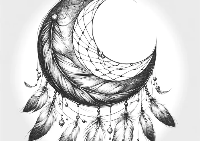 moon dream catcher tattoo meaning _ A sketch of a crescent moon entwined with delicate feathers and beads, symbolizing the beginning of a moon dream catcher tattoo. The design embodies a sense of tranquility and connection to the spiritual world.