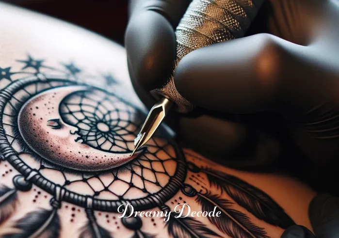 moon dream catcher tattoo meaning _ The image progresses to show the tattoo artist