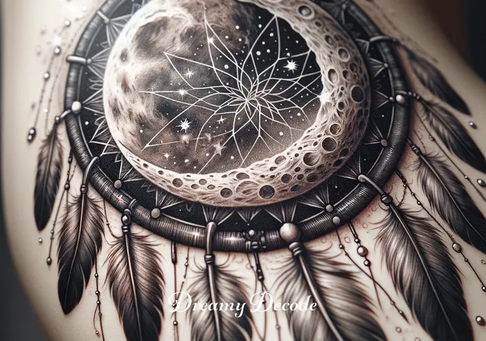 moon dream catcher tattoo meaning _ A close-up view of the nearly completed tattoo, where intricate details on the feathers and a series of small, sparkling stars around the moon are being added, signifying the dream catcher