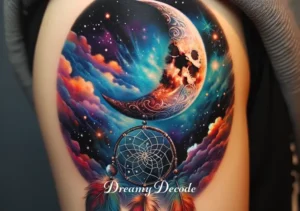 moon dream catcher tattoo meaning _ The final image depicts the fully healed tattoo, vibrant on the skin. The moon and dream catcher design is complemented by a background of soft, night sky colors, encapsulating the essence of dreams and the mystique of the night.