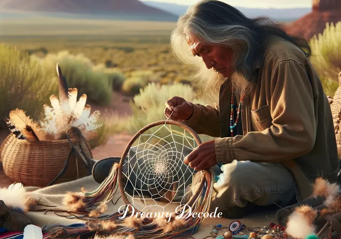 navajo dream catcher meaning _ A Navajo artisan sitting outdoors, surrounded by natural materials like feathers and beads, begins weaving a dream catcher. The artist, with skilled hands, intertwines delicate threads around a circular frame, symbolizing the journey of crafting a traditional Navajo dream catcher.