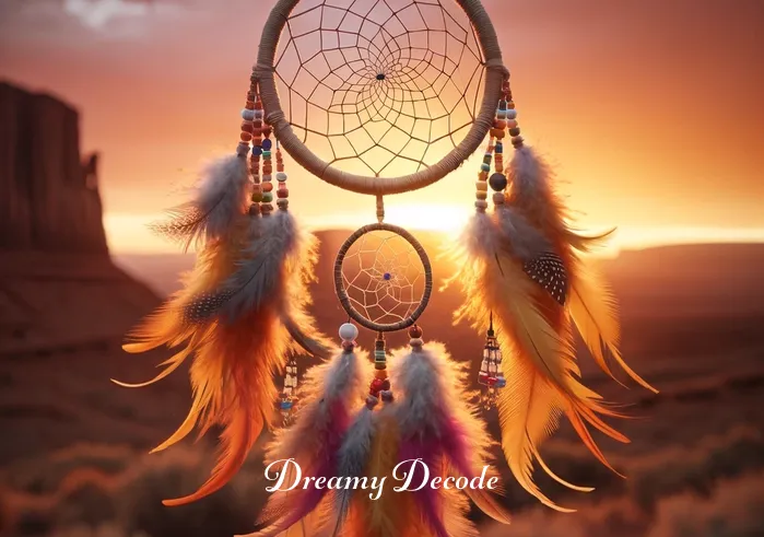 navajo dream catcher meaning _ The final dream catcher is displayed against the backdrop of a desert sunset. The dream catcher, with its detailed web, vibrant beads, and soft feathers, hangs gracefully, symbolizing peace, protection, and the rich heritage of the Navajo culture.