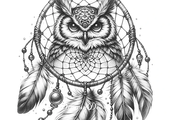 owl dream catcher tattoo meaning _ A sketch of an owl dream catcher tattoo begins to take shape, with a detailed owl perched at the center of a woven net, surrounded by feathers and beads, symbolizing wisdom and protection.