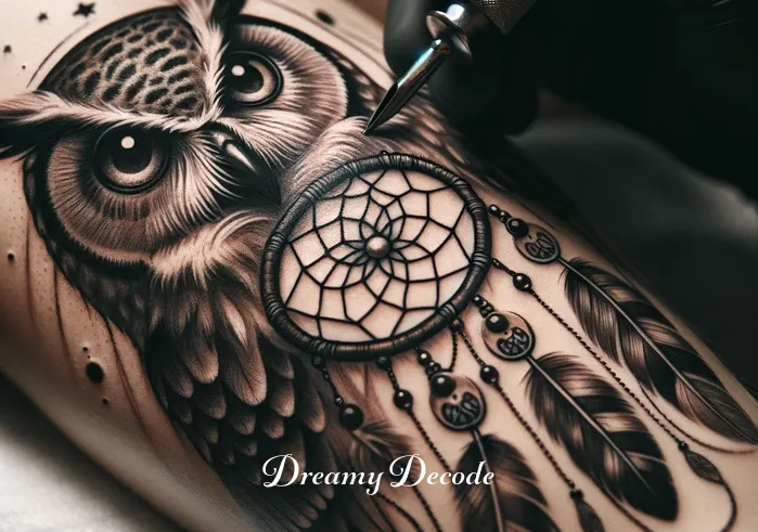 owl dream catcher tattoo meaning _ The tattoo is now being inked onto someone