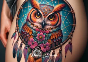 owl dream catcher tattoo meaning _ The completed tattoo, vivid and striking on the skin, with the owl dream catcher's full details vividly portrayed, stands as a personal emblem of spiritual connection and the pursuit of dreams.