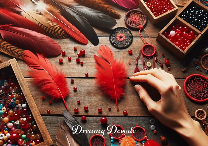 red dream catcher meaning _ A hand selecting red feathers and beads from a variety of colorful crafting materials spread out on a wooden table, with a focus on selecting items that symbolize strength and positive energy, as per the traditions associated with dream catchers.
