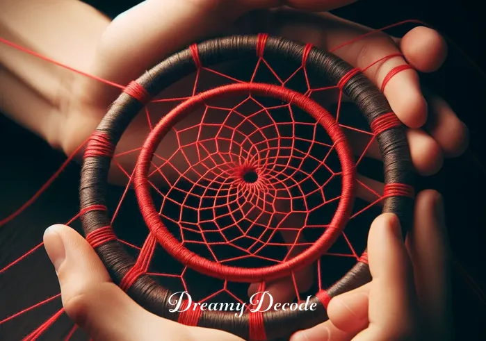 red dream catcher meaning _ The same hand now intricately weaving a red thread into a circular frame, forming the web-like pattern of a dream catcher. The red thread symbolizes protection and courage in the context of the dream catcher