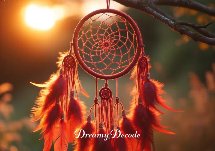 red dream catcher meaning _ A nearly completed red dream catcher hanging from a tree branch outdoors during sunset. The dream catcher