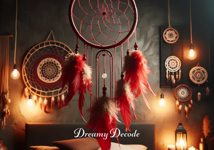 red dream catcher meaning _ The final scene shows the red dream catcher hanging above a bed in a cozy, dimly-lit room. It symbolizes the catcher's role in filtering dreams, allowing only positive dreams to pass through, and protecting the sleeper from negative energies.