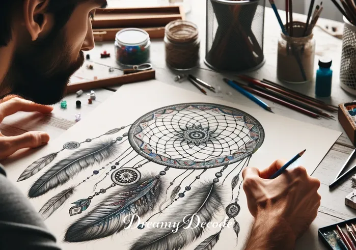tattoo dream catcher meaning _ A skilled artist sketches a dream catcher design on paper, featuring intricate weaving and feathers, symbolizing the beginning of a tattoo journey inspired by Native American culture and the belief in dream catchers