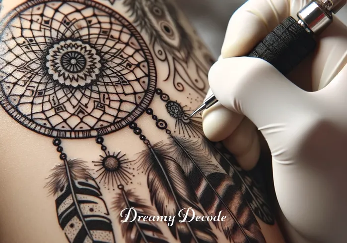tattoo dream catcher meaning _ The tattoo artist meticulously transfers the dream catcher design onto a client