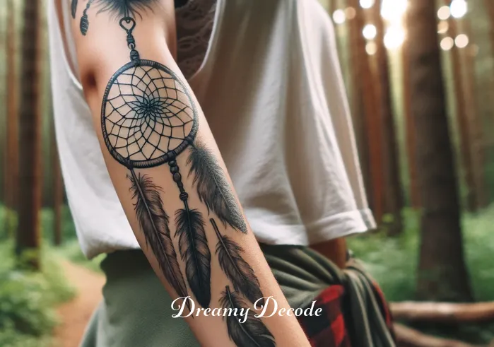 tattoo dream catcher meaning _ A person proudly displaying their completed dream catcher tattoo, with its deep cultural significance and personal meaning, as they engage in a peaceful outdoor activity, symbolizing the fulfillment and empowerment derived from carrying such a powerful symbol with them.