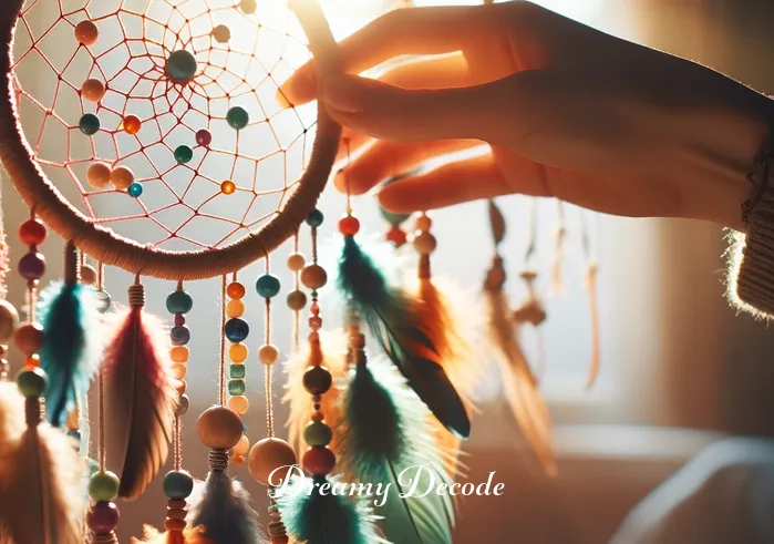 the meaning of a dream catcher _ A hand gently placing colorful beads onto a circular dream catcher frame, with soft sunlight filtering through a window, casting a warm glow on the intricate webbing and feathers hanging below.