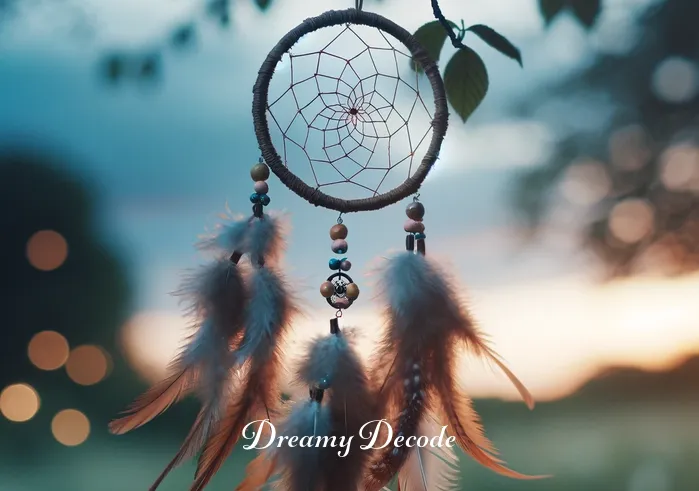 the meaning of a dream catcher _ A dream catcher hanging from a branch outdoors, swaying gently in a light breeze at dusk, with its feathers and beads subtly glistening and a soft, blurred background of green leaves and twilight sky.