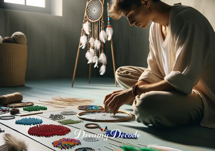 what is a dream catcher meaning _ A person of indeterminate gender and descent, in a serene and well-lit room, carefully selecting colorful beads and feathers. They are surrounded by materials like strings, beads of various colors, and feathers of different sizes, symbolizing the preparation phase of making a dream catcher. The scene conveys a sense of calm and creativity, emphasizing the cultural significance and artistic aspect of dream catcher creation.