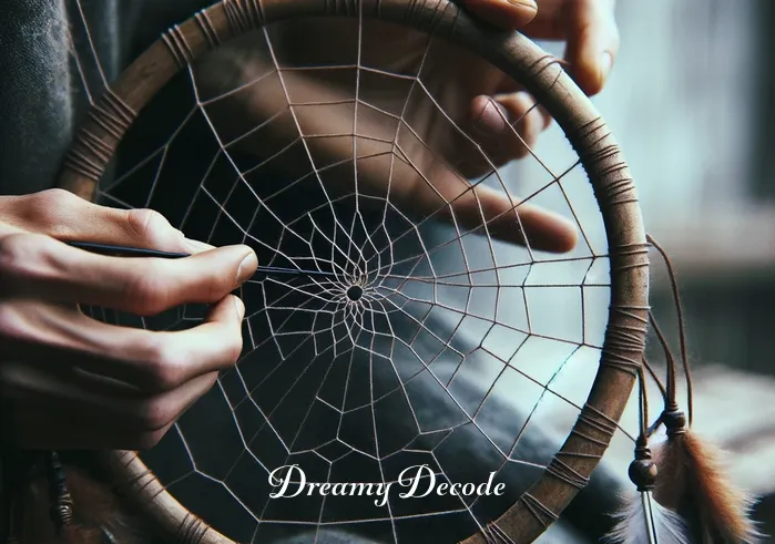 what is a dream catcher meaning _ A close-up of hands, belonging to a person of unspecified gender and descent, intricately weaving a spider-web pattern with a thin, dark thread on a round, wooden hoop. The background is blurred, focusing on the meticulous process of creating the dream catcher