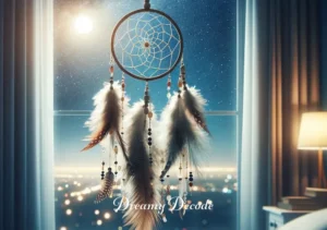what is a dream catcher meaning _ A tranquil bedroom with a large window revealing a starry night sky. A beautifully crafted dream catcher, adorned with beads and feathers, hangs prominently in the foreground. The dream catcher appears to be catching the moonlight, creating a peaceful ambiance. This image symbolizes the dream catcher's role in providing protection and comfort during sleep, as per the cultural beliefs associated with it.