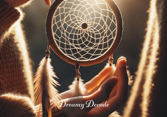 what is dream catcher meaning _ A person gently holding a dream catcher under the sunlight, where the intricate webbing casts delicate shadows on their hand, symbolizing the catcher