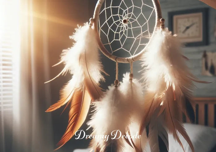 what is dream catcher meaning _ A close-up view of a dream catcher being hung on a bedroom wall, with soft morning light filtering through its feathers, illustrating the belief in its power to ensure peaceful sleep.