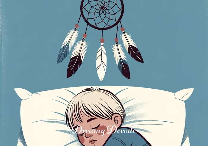 what is dream catcher meaning _ A child peacefully sleeping beneath a dream catcher, where the catcher is depicted as a protective charm hanging overhead, embodying the cultural significance of guarding against bad dreams.