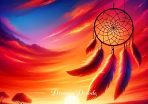 what is dream catcher meaning _ A vibrant sunset background with a silhouette of a dream catcher gently swaying in the breeze, representing the dream catcher's connection with nature and its role in the transition from day to night dreams.