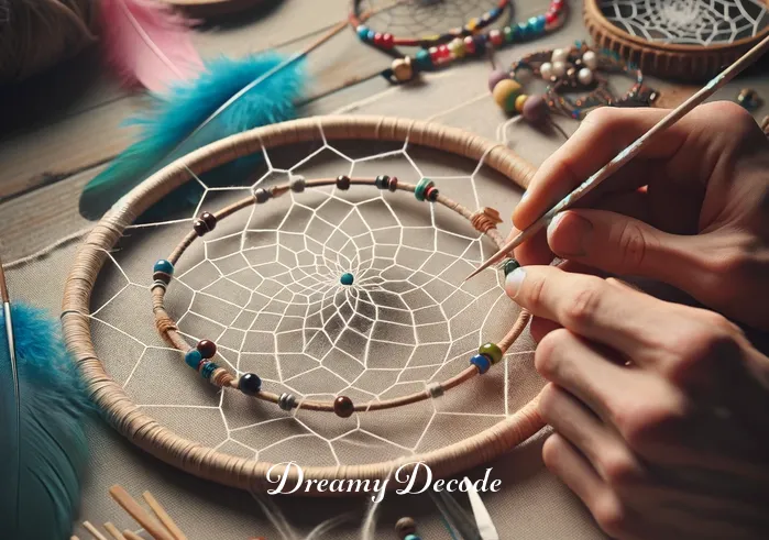 what is the meaning of a dream catcher _ A dream catcher is shown in its early construction stage, with a person