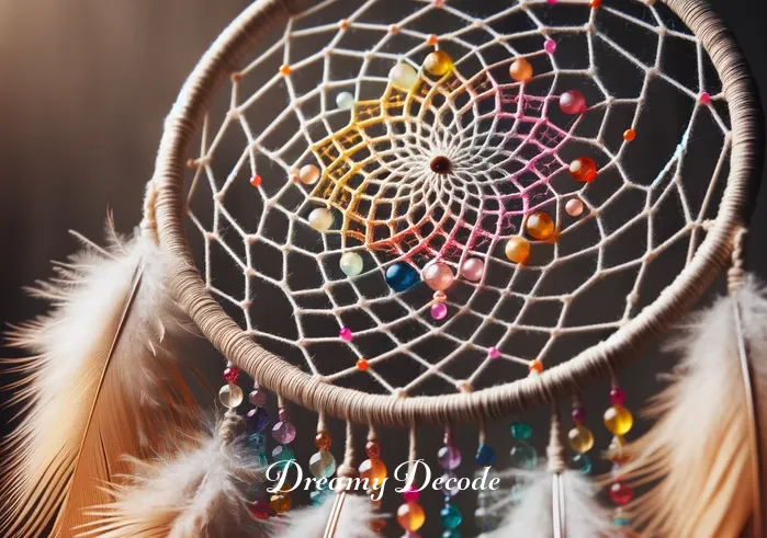 what is the meaning of a dream catcher _ The dream catcher now features an intricate web design within the hoop, with vibrant beads woven into the pattern. Soft feathers begin to hang from the lower part, swaying gently.