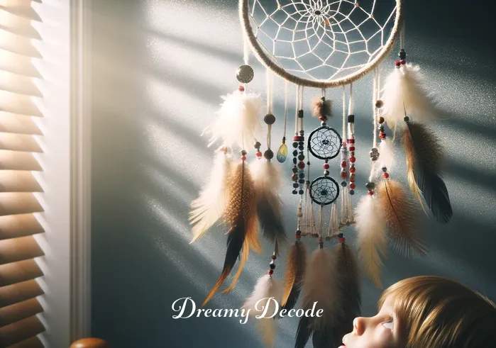 what is the meaning of a dream catcher _ A child looks up in wonder at a completed dream catcher hanging above their bed. The dream catcher