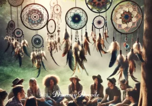 what is the meaning of a dream catcher _ A diverse group of people gather in a peaceful outdoor setting, sharing stories under a tree adorned with dream catchers. The scene epitomizes the cultural significance and communal aspect of dream catchers.