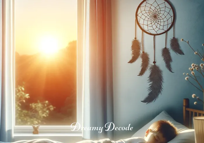what's the meaning of a dream catcher _ A sunrise scene, with the first rays of sun illuminating the dream catcher in a child's room. The dream catcher's shadows have shifted, symbolizing the protection it provided through the night. The room is peaceful, with the child sleeping soundly, a soft smile on their face, hinting at pleasant dreams.