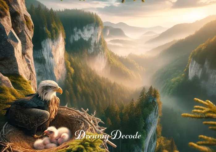 baby eagle dream meaning _ A nest perched high on a cliffside, with a breathtaking view of a vast, serene forest. Inside the nest, a vigilant mother eagle watches over her newly hatched chick, symbolizing the beginning of life and the nurturing of potential.
