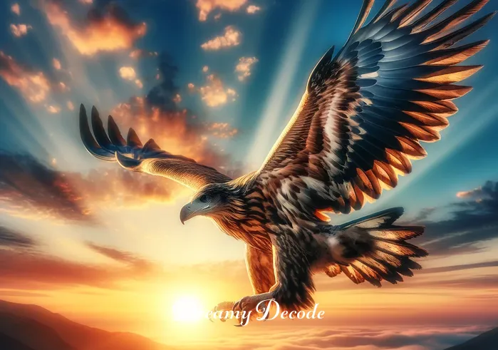 baby eagle dream meaning _ The young eagle takes its first flight, wings outstretched against a backdrop of a splendid sunrise. The majestic flight signifies courage and the pursuit of freedom, resonating with the dreamer