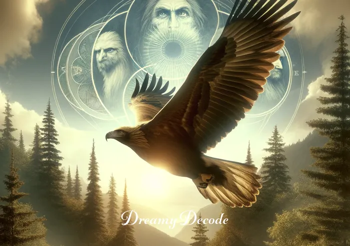 baby eagle dream meaning _ The eagle soars high above the forest, its eyes sharp and focused. This scene embodies the culmination of growth and the attainment of higher understanding, mirroring the dreamer's journey towards achieving their goals and gaining insight.