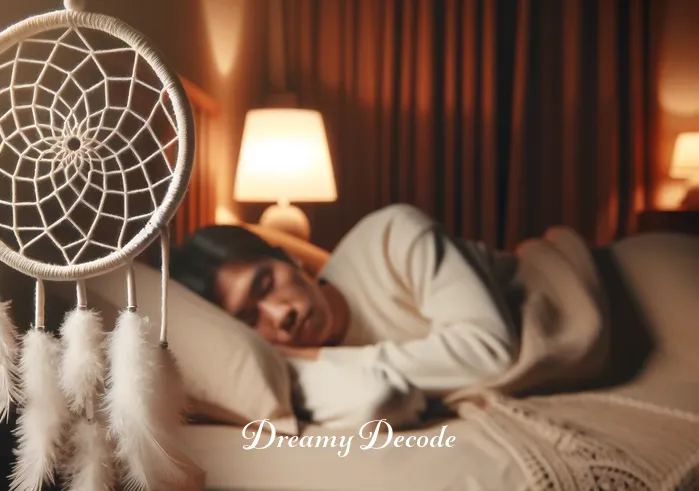 white dream catcher meaning _ An individual peacefully sleeping in a cozy bedroom, with the white dream catcher visible in the foreground, suggesting its role in ensuring restful sleep and filtering dreams. The room is warmly lit and inviting, emphasizing a sense of tranquility and safety.