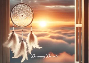 white dream catcher meaning _ A sunrise scene with the white dream catcher gently swaying in the breeze by an open window, symbolizing the end of the night and the catcher's role in trapping negative dreams and thoughts, allowing for a fresh, positive start to the day.
