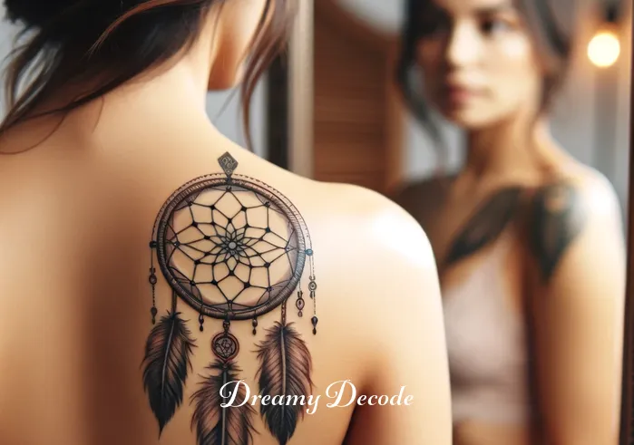 women's dream catcher tattoo meaning _ The final image shows the woman admiring her new dream catcher tattoo in a mirror. The tattoo, elegantly adorning her skin, symbolizes a personal journey of empowerment and a deep respect for cultural traditions, resonating with the broader meanings often associated with such tattoos for women.