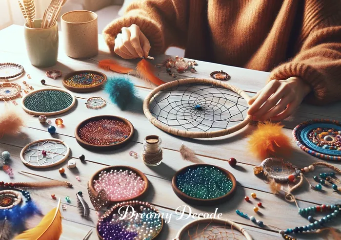 dream catchers meaning _ A person sitting at a table, surrounded by colorful beads, feathers, and hoops, begins crafting a dream catcher. The scene is serene and focused, conveying a sense of calm and creativity.