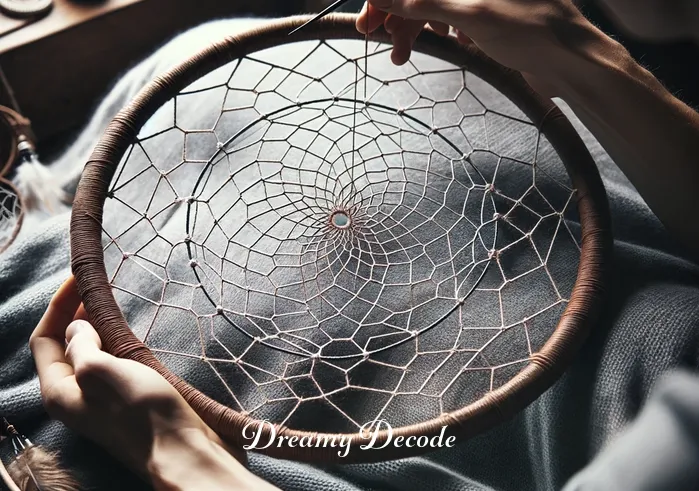 dream catchers meaning _ The same person now weaving the intricate web inside a dream catcher hoop. The web pattern is delicate and precise, symbolizing the trapping of bad dreams and the flow of good ones, in line with the traditional meaning of dream catchers.