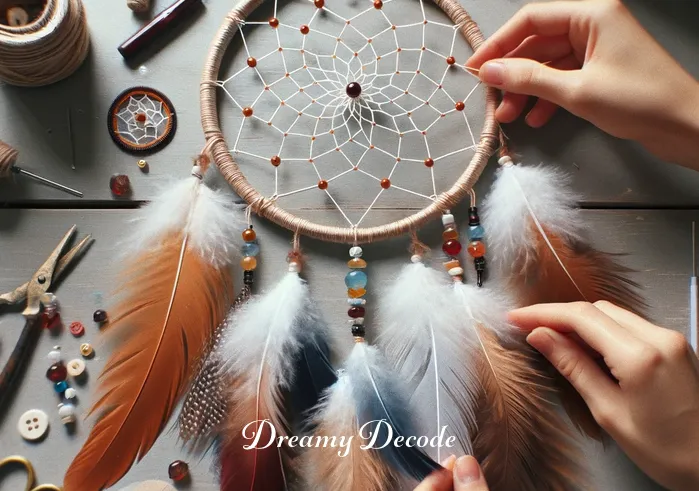 dream catchers meaning _ The dream catcher is now halfway complete, with several feathers and beads attached to the bottom. The person is carefully selecting and adding each item, symbolizing the personalization and intention put into the dream catcher