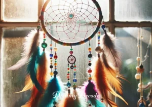 dream catchers meaning _ The final image shows the completed dream catcher hanging in a window with sunlight filtering through it. The colors of the beads and feathers are vibrant, and the web looks intricate and delicate, embodying the dream catcher's purpose of filtering dreams and bringing peace.