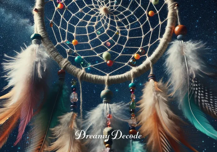 dream catchers spiritual meaning _ The second image shows a close-up of the nearly completed dream catcher against the backdrop of a starry night sky. The intricate webbing of the dream catcher is now filled with colorful beads and feathers, each symbolizing different aspects of spirituality and dreams. The dream catcher sways gently in the night breeze, suggesting a sense of peace and protection.