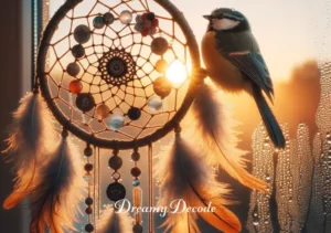 dream catchers spiritual meaning _ The final image depicts the dream catcher at sunrise, hanging outside by the window. Dew glistens on its threads and feathers, reflecting the morning light. A small bird perches briefly on the dream catcher before flying away, symbolizing the release of captured bad dreams and the renewal of hope and positivity with the new day.