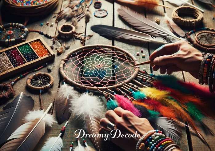 indian dream catchers meaning _ A Native American artisan selects feathers and beads for a dream catcher, surrounded by a variety of colorful materials on a wooden table, symbolizing the preparatory stage in creating this traditional item.
