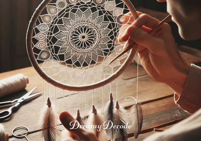 indian dream catchers meaning _ A skilled craftsperson intricately weaves the web of a dream catcher using a hoop and thread, showcasing the meticulous and focused process, with a half-finished pattern emerging in the hoop.