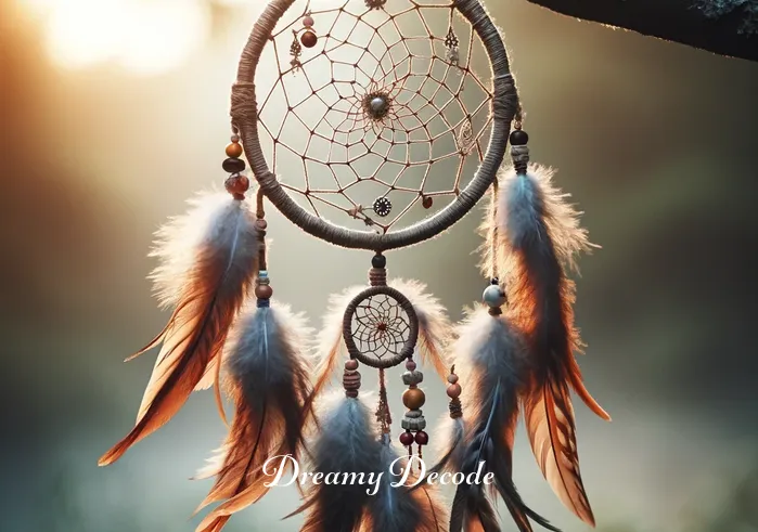 indian dream catchers meaning _ The dream catcher is now adorned with feathers and beads, hanging gracefully from a tree branch in the early morning light, representing its completion and readiness to fulfill its cultural role.