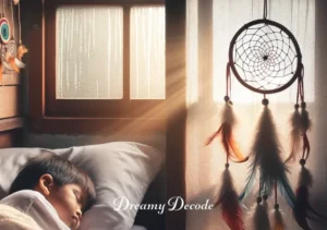 indian dream catchers meaning _ A child peacefully sleeps in a room where the finished dream catcher is hung near the window, filtering the morning sun rays, symbolizing the dream catcher's role in protecting and comforting during sleep.